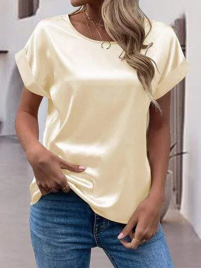 Round Neck Short Sleeve T-Shirt Ivory Women's T-Shirts - Tophatter Daily Deals